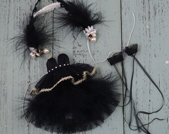 Neo Blythe Doll Elegant Black Net Dress with Feathers Headband