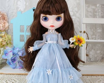 Neo Blythe Doll Blue Floral Wedding Dress