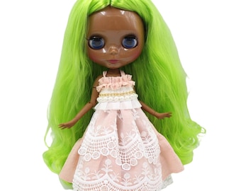 Amelia – Premium Custom Neo Blythe Doll with Green Hair, Black Skin & Shiny Cute Face