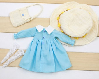 Neo Blythe Doll Blue Smock White Collar Dress with Hat, Bag & Stockings