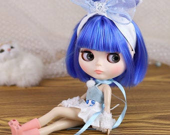 Nevaeh - Premium Custom Neo Blythe mit blauen Haaren, weißer Haut und mattem, süßen Gesicht