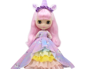 Neo Blythe Doll Unicorn Dress with Beautiful Horn Hair Band