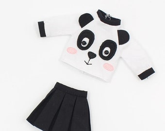 Neo Blythe Doll Black White Embroidery Panda Outfit
