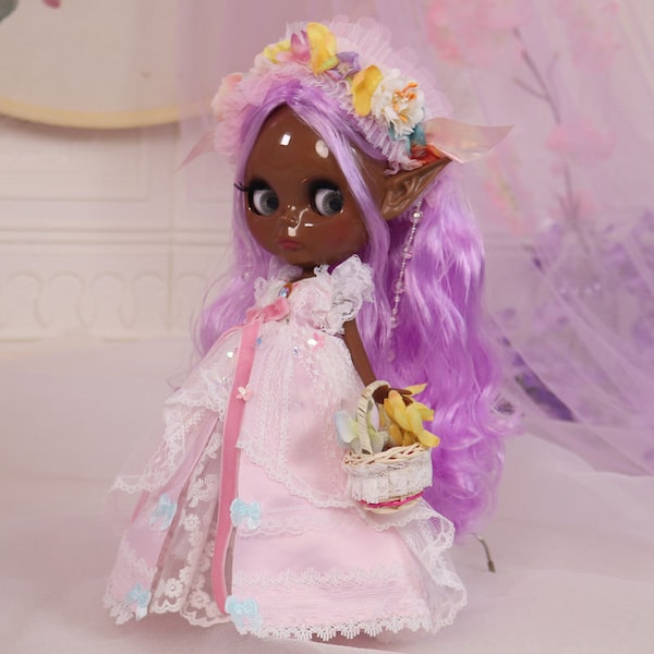 Martha – Premium Custom Neo Blythe Doll with Purple Hair, Black Skin & Shiny Cute Face