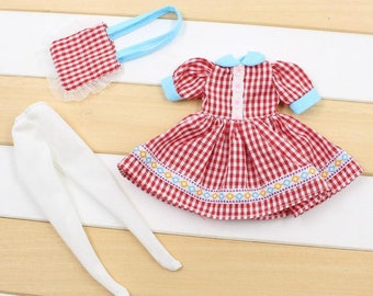 Neo Blythe Doll Check Maid Dress with Bag & Tights