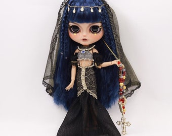 Cleopatra – Premium Custom Neo Blythe Doll with Blue Hair, Tan Skin & Matte Smiling Face