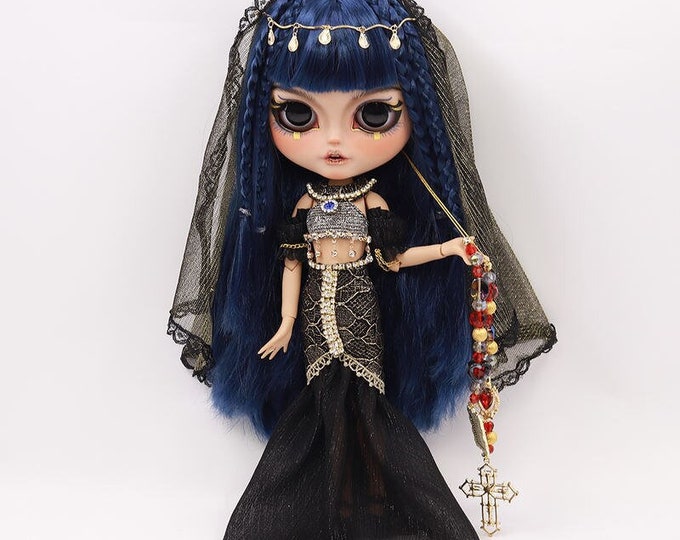 Featured listing image: Cleopatra – Premium Custom Neo Blythe Doll with Blue Hair, Tan Skin & Matte Smiling Face