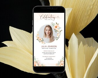 May include: A digital memorial card with a floral wreath and a photo of a woman. The text reads "Celebrating the life of Julia Johnson, March 20, 1962 - October 27, 2019. Service to be held at Local Church, Address, NY, Sunday, April 22, 2019 at 1:00 PM. Followed by a reception at The Local Park, Address, New York, NY."
