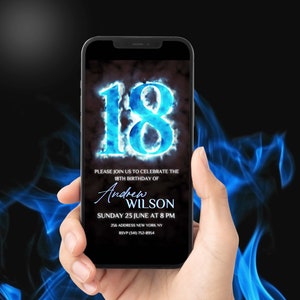 Blaue 18. Geburtstagseinladung, Party einladen für Männer, digitales Video Party Evite, elektronische Karte, blauer Feuereffekt, achtzehnter Geburtstag Evite