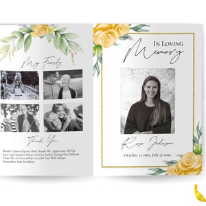Yellow Rose Funeral Program Template: Editable Memorial Service (Digital Download)