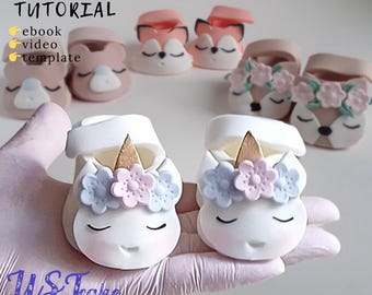 フォンダンで作る動物の靴ケーキトッパーの作り方：ユニコーン、キツネ、クマ、シカ（動画とテンプレート）