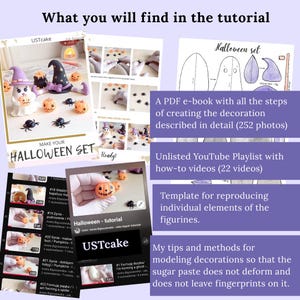 Ghost, witch, cauldron, spiders and scary pumpkins. Halloween cake topper with stencil. Tutorial with video instructions. DIY edible fondant decorations for halloween party