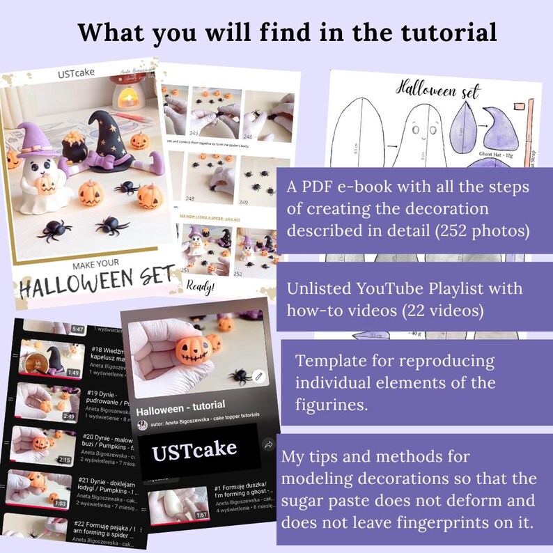 Ghost, witch, cauldron, spiders and scary pumpkins. Halloween cake topper with stencil. Tutorial with video instructions. DIY edible fondant decorations for halloween party
