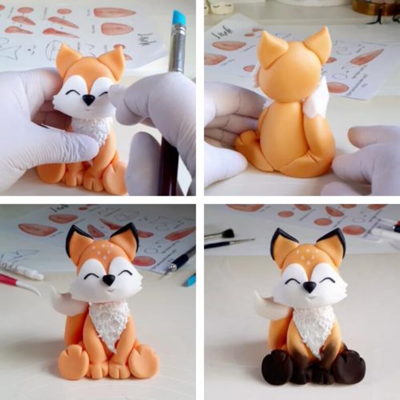 Fondant cute fox tutorial. How to make a sugar figurine for a forest-themed cake, wooden-themed birthday, boho wedding. Easy step-by-step instructions, e-book with video and template. Animal-themed children's party, boy cake, girl cake.