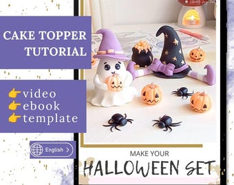 Set de adornos terroríficos para tartas: fantasma, araña, calabaza, bruja. Decoración de fondant para Halloween. Tutorial en vídeo de fondant. Cumpleaños de niño y niña, boda.
