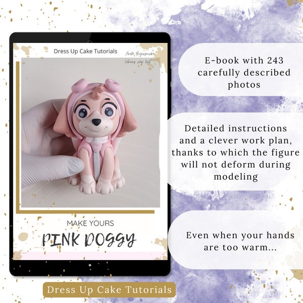 Pink puppy cake topper tutorial with template. Detailed tutorial, sugarpaste fondant cake topper PDF. Kinder party. Cake for kids