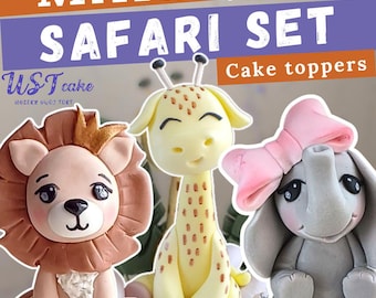 Fondant Safari set - Elephant and Lion + free Giraffe and Monstera leaves - Cake topper video tutorial. Cake decoration, jungle animals