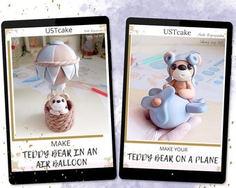 Sugarcraft set - Teddy bear in an air balloon and a bear in a fondant plane. Video instructions e-book with a template. Cake for a boy, girl