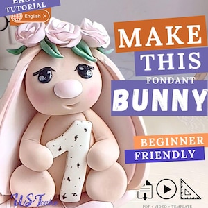 Fondant Bunny Cake Topper Tutorial with Roses | Step by Step Video + PDF | No Mold Figurine | Boho Baby Shower Cake | Beginner Friendly