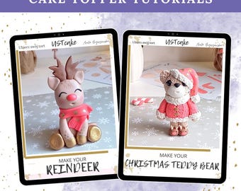 Fondant Christmas Cake Topper Tutorials: Santa Teddy Bear & Reindeer (Digital Download). Video, e-book and template. Holiday decorating.