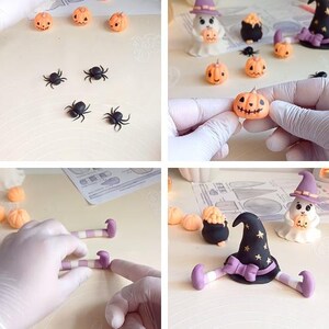 Ghost, witch, cauldron, spiders and scary pumpkins. Halloween cake topper with stencil. Tutorial with video instructions. DIY edible fondant decorations for halloween party
