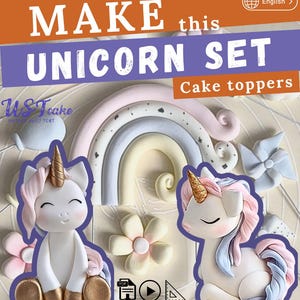 Kit de tutoriales para pasteles: Unicornio durmiente, unicornio feliz y pastel de fondant arcoíris / Decoraciones para pasteles DIY. Regalo para pasteleros (libro electrónico, video, plantilla).
