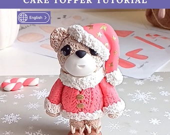 フォンダンで作るクリスマステディベアケーキトッパーの作り方。動画、電子書籍、テンプレート付き。ホリデーバースデー。デジタルダウンロード
