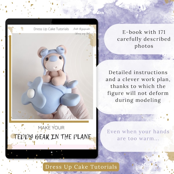 Teddy bear on the plane cake topper. Detailed tutorial with exactly described photos and a printable template. E-book,  PDF