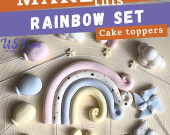 Tutorial para crear un arcoíris de fondant. Vídeo paso a paso + plantilla. Adorno para tarta: arcoíris, molinillos de viento, globos, flores, estrellas, nubes.