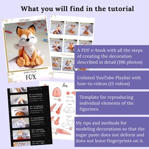 Fondant cute fox tutorial. How to make a sugar figurine for a forest-themed cake, wooden-themed birthday, boho wedding. Easy step-by-step instructions, e-book with video and template. Animal-themed children's party, boy cake, girl cake.