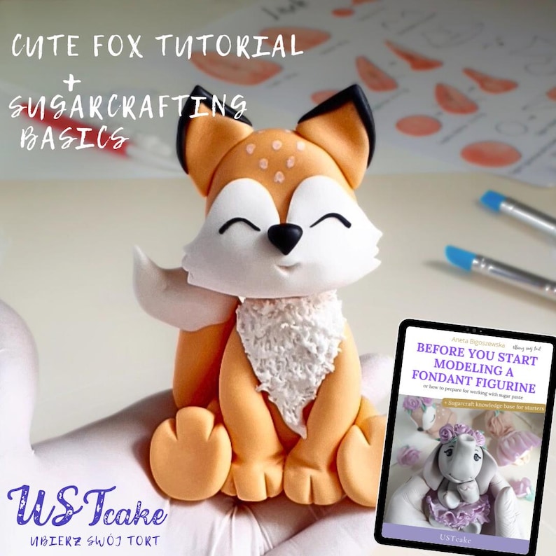 Fondant cute fox tutorial. How to make a sugar figurine for a forest-themed cake, wooden-themed birthday, boho wedding. Easy step-by-step instructions, e-book with video and template. Animal-themed children's party, boy cake, girl cake.