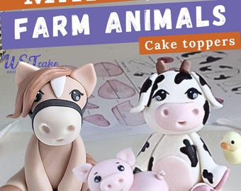 Kit de tutoriales para tartas: Caballo, vaca, cerdo y patitos de fondant / Fiesta de animales de granja / Tutorial para decorar tartas (libro electrónico, vídeo, plantilla). Regalo de pastelería.