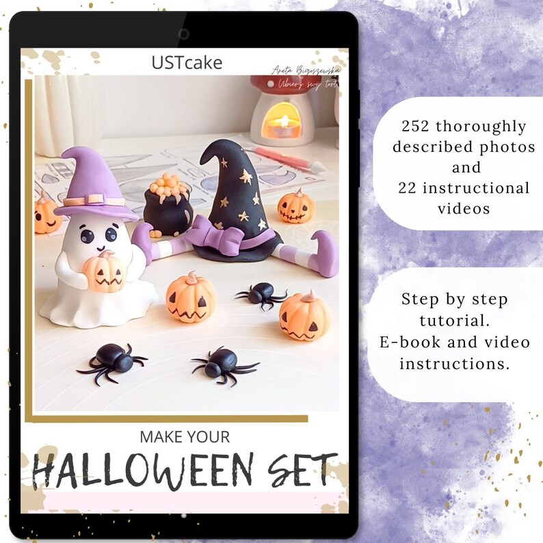 Ghost, witch, cauldron, spiders and scary pumpkins. Halloween cake topper with stencil. Tutorial with video instructions. DIY edible fondant decorations for halloween party