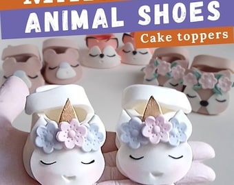 Tutorial para decorar tartas con forma de zapatos de animales en fondant: Unicornio, Zorro, Oso, Ciervo (Vídeo + Libro electrónico + Plantilla). Decoración para cumpleaños con temática de bosque y baby shower.