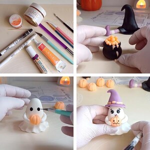 Ghost, witch, cauldron, spiders and scary pumpkins. Halloween cake topper with stencil. Tutorial with video instructions. DIY edible fondant decorations for halloween party
