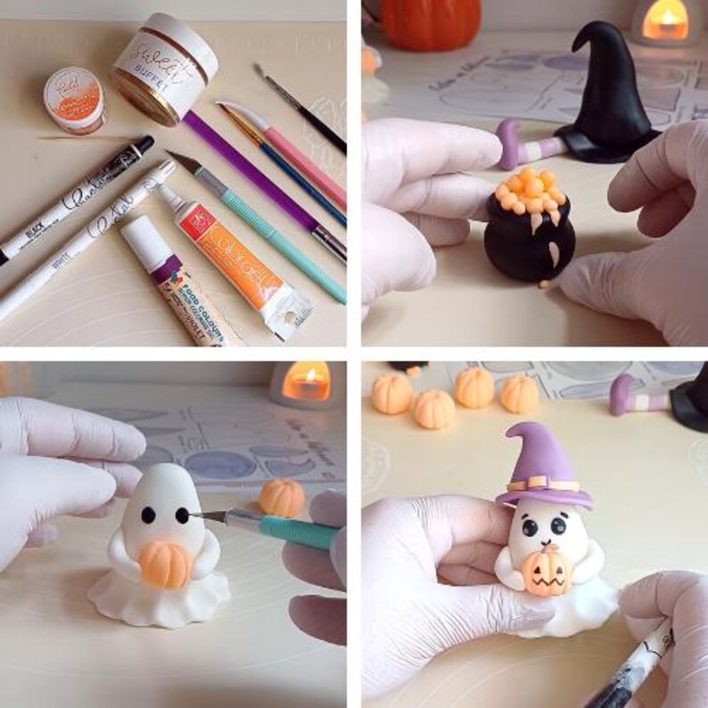 Ghost, witch, cauldron, spiders and scary pumpkins. Halloween cake topper with stencil. Tutorial with video instructions. DIY edible fondant decorations for halloween party