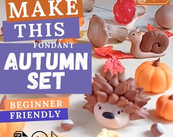 Tutorial para decorar pasteles: erizos, setas, calabazas y caracoles de fondant. Vídeo y plantilla para libro electrónico. Decoración de cumpleaños con temática de bosque otoñal. Set de otoño.