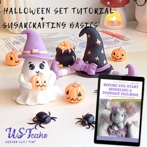 May include: A Halloween-themed sugarcrafting tutorial set featuring fondant figurines. The image includes a ghost holding a pumpkin, a witch's hat, a cauldron, and pumpkins. A tablet displays a tutorial on modeling fondant figurines.