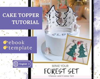 Cake topper tutorial: Trees, Birches, Mushrooms (Printable Template). Fondant woodland decoration.