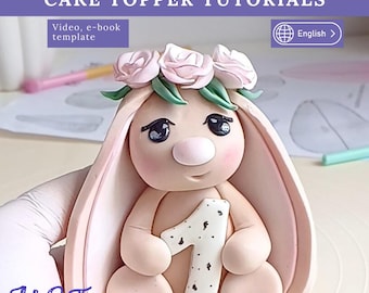 Cake Topper Anleitung - Fondant Hase im Rosenkranz. E-Book, Video, Vorlage . (PDF-Muster). Boho Party Dekor