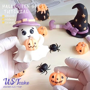 Ghost, witch, cauldron, spiders and scary pumpkins. Halloween cake topper with stencil. Tutorial with video instructions. DIY edible fondant decorations for halloween party