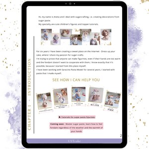 May include: A digital tablet displays a page with text and images related to sugarcrafting. The text introduces the creator, Aneta, and her tutorials on creating sugar paste figurines. Several small images of the figurines are shown. The tablet is on a white background.