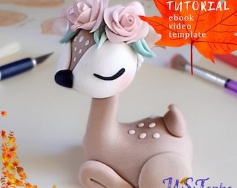 Video tutorial, e-book template. Fondant deer with handmade rose wreath. Fawn figurine for an autumn cake, forest birthday or girl's baptism