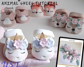 フォンダンの動物の靴と花のシュガークラフトチュートリアル：ケーキトッパー（デジタルダウンロード）