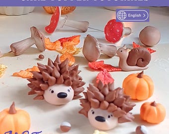 ケーキトッパーの作り方 - 森のケーキ用フォンダンデコレーションキット。ハリネズミ、カタツムリ、キノコ、紅葉。秋のバースデーケーキ。