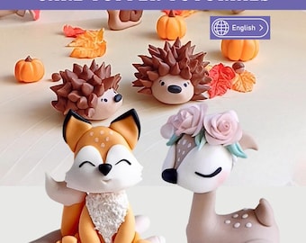 チュートリアルセット - フォンダンで作る鹿、キツネ、ハリネズミ、カタツムリ、キノコ、カボチャ。森のケーキトッパー。ビデオ、電子書籍、テンプレート。