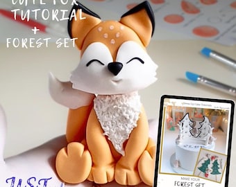 Conjunto de zorro y bosque. Tutorial de fondant de animales del bosque, guía paso a paso. Lección de decoración de tartas. Ideas para fiestas de cumpleaños otoñales. Boda boho