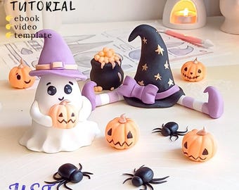 怖いケーキトッパーセット - ゴースト、クモ、カボチャ、魔女 - フォンダンで作るハロウィンデコレーション。フォンダンの動画チュートリアル。男の子と女の子の誕生日、結婚式