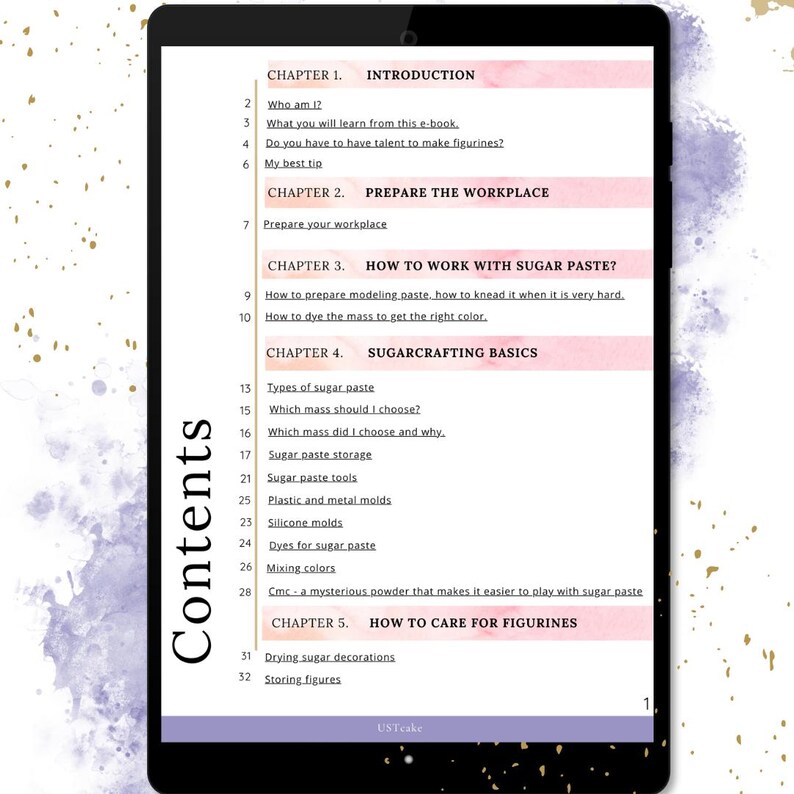 May include: A digital tablet displays the contents page of an e-book about sugarcrafting. The screen shows chapter titles and topics, including sugar paste basics, tools, and figurine care. The background has a watercolor effect.
