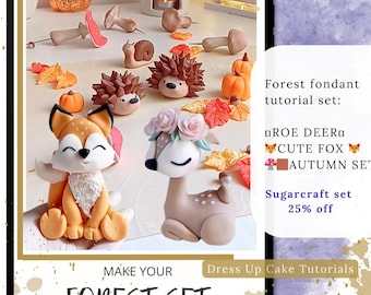 Set de decoraciones de fondant para tarta de otoño con diseño de bosque. Instrucciones en vídeo y libro electrónico